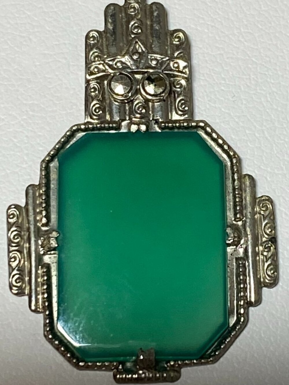 Art Deco 1930s Chrysoprase Marcasite Sterling Silver Earrings Antique - Picture 8 of 15